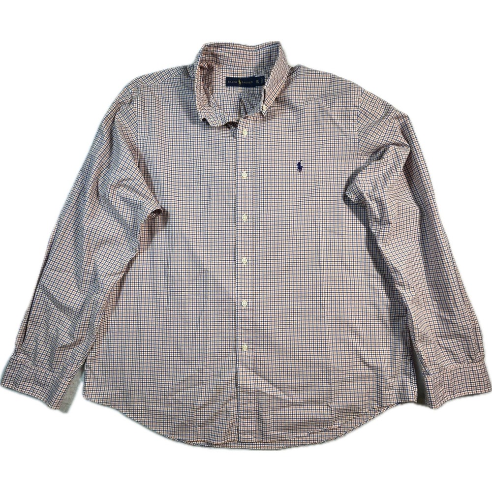 Ralph Lauren Mens XL Button Down Shirt Orange Blue Check Long Sleeve Cotton Logo - Picture 2 of 8